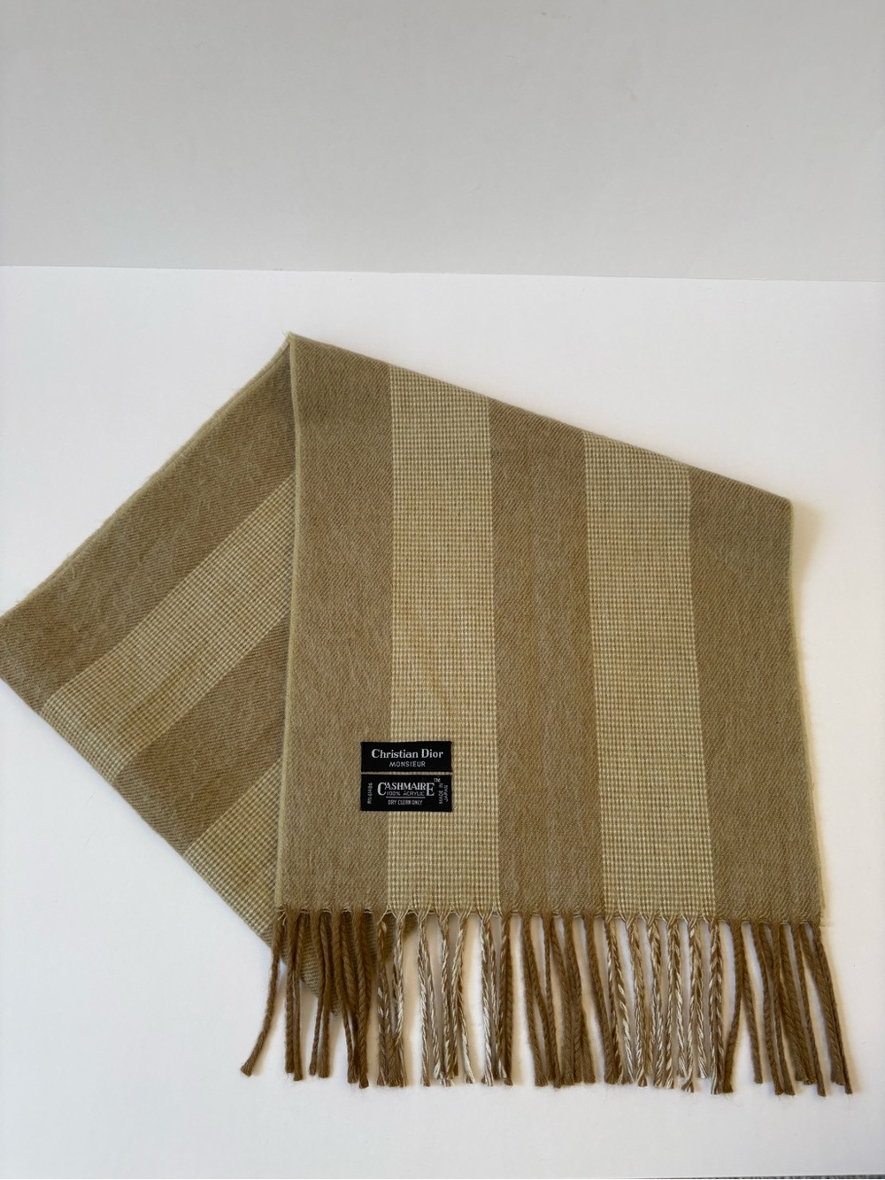 Christian DIOR Monsieur Stripe Cashmaire Beige Tan Scarf Fringe Career Academia